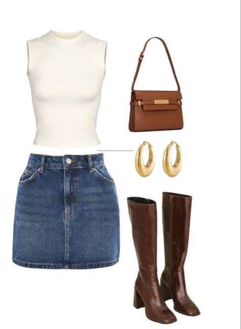 White shoulder tank with a denim skirt. Brown heeled bloots and accessorized with a brown purse and gold hoops! #summeroutfitideas #fashion #denim #skirtfashion #boots #heels #summer #pursesandhandbags #goldhoopearrings Brown Boots Heels Outfit, Blue Heel Outfit, Chic Summer Aesthetic, Brown Purse Outfit Summer, Sweater And Jean Skirt Outfit, Brown Boots Summer Outfit, Classic Night Out Outfit, Brown Boots Outfit Summer, Brown Heel Boots Outfit