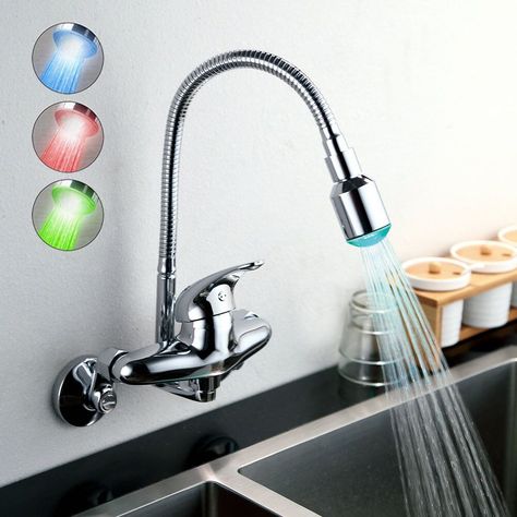 Shop for (In Stock)LED Kitchen Faucet Flexible Chrome Finish Single Handle Color Changing LED Wall Mount Kitchen Faucet at Homelava.com with the lowest price and top service! Tap Cleaner, Wall Mount Kitchen Faucet, Led Faucet, Led Kitchen, Chrome Kitchen Faucet, Wall Mount Sink, Bathroom Sink Taps, Wall Mounted Sink, Faucet Accessories