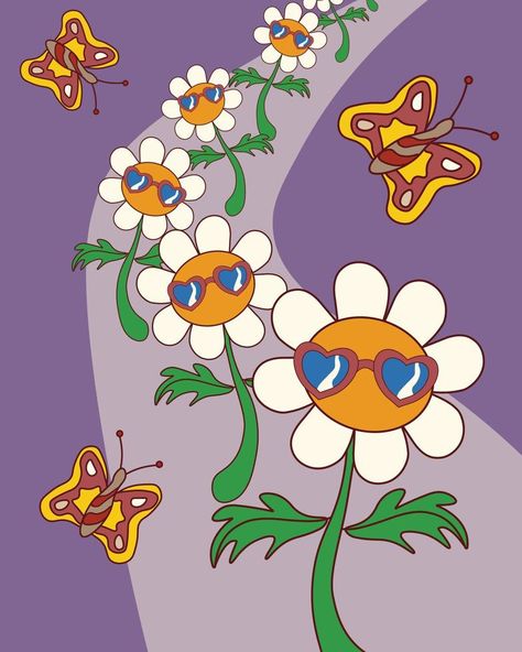 Vector illustration in groovy retro psychedelic style with dancing flowers and butterflies Groovy Flower Drawing, Dancing Flower Drawing, Dancing Flowers Illustration, Dancing Illustration Art, Groovy Drawings, Hippie Illustration, Dancing Illustration, Animated Flowers, Disco Wallpaper