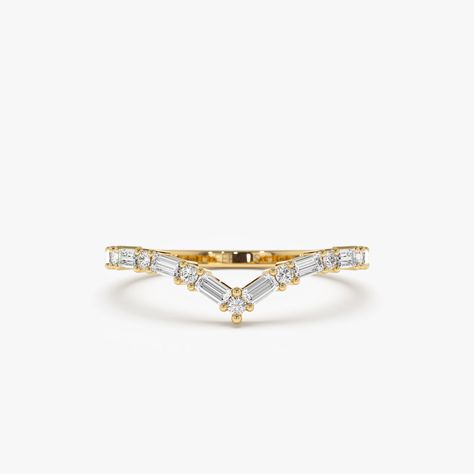 14k Baguette and Round Diamond Chevron Ring 14K Gold Ferkos Fine Jewelry Ring With Baguettes, Band Ideas, Chevron Wedding, Drip Drop, Gold Armband, Chevron Ring, Baguette Diamonds, Wedding Goals, Diamond Carat