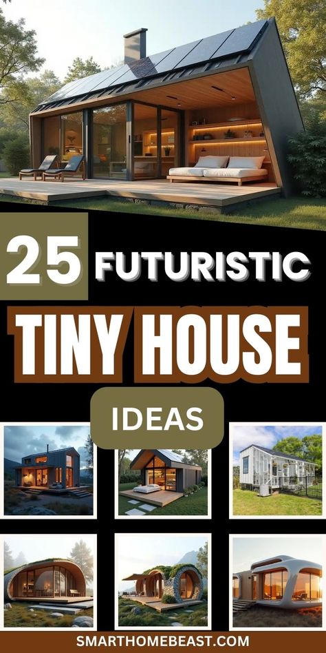 A collection of futuristic tiny house designs featuring sleek exteriors, multifunctional furniture, space-efficient interiors, and eco-friendly materials. Tiny House With Spiral Staircase, Furniture For Tiny Spaces, Unique Tiny Homes, Small Glass House Design, Loft Type House Small Spaces, Minimalist Small House Design, Tiny House Ideas Interior, Modern Nordic House, Unique Tiny Houses