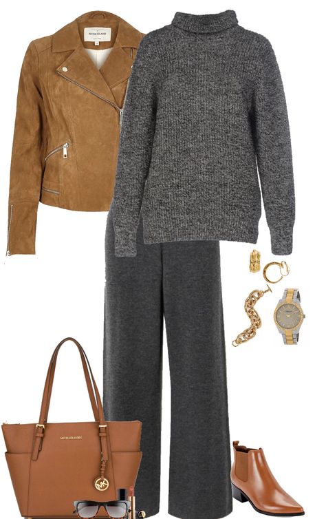 From my Stylebook Looks Gris Con Cafe Outfit, Gray And Tan Outfits Women, Gray Slacks Outfit Women, Brown And Grey Outfit, Grey And Brown Outfit, Minimalist Wardrobe Women, Summer Business Casual, Camel Pants, Summer Business Casual Outfits