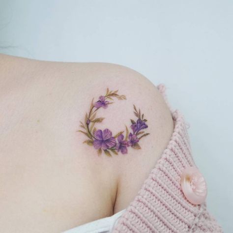 Moon And Carnation Tattoo, Lavender Moon Tattoo, Purple Moon Tattoo, Flower Moon Tattoo, Violet And Primrose Flower Tattoo, Floral Moon Tattoo, Violet Flower Moon Tattoo, Primrose Tattoo, Moon Flower Vine Tattoo