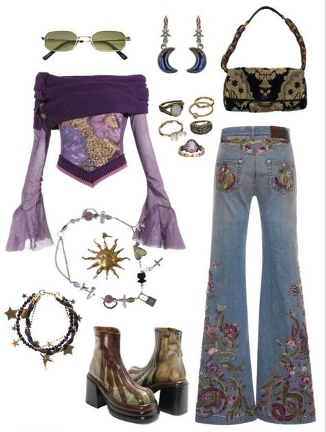 Hippy Outfit Inspiration, Cassie Howard New Years Dress, Y2k Hiking Outfit, Once Upon A Time Fashion Inspired Outfits, Hippy Clothing Aesthetic, Disco Punk Fashion, Aesthetic Fairy Outfits, Etheral Dresses Aesthetic, Vintage Fairycore Outfits