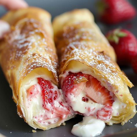 Strawberry Cheesecake Chimichangas Strawberry Chimichanga Recipes, Strawberry Sopapilla Cheesecake, Strawberry Chimichanga, Dessert Chimichanga, Breakfast Chimichanga, Cheese Chimichanga Recipe, Strawberry Cheesecake Chimichangas Recipe, Cheesecake Chimichangas Recipe, Cheesecake Chimichangas