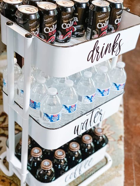 Extra Drink Storage Ideas, Beverage Storage Ideas, Drink Dispenser Stand Diy, How To Display Soda Cans At A Party, Make Your Own Drink Station, Beverage Cart Ideas, Beverage Cart, Drink Cart Ideas, Drink Station Home