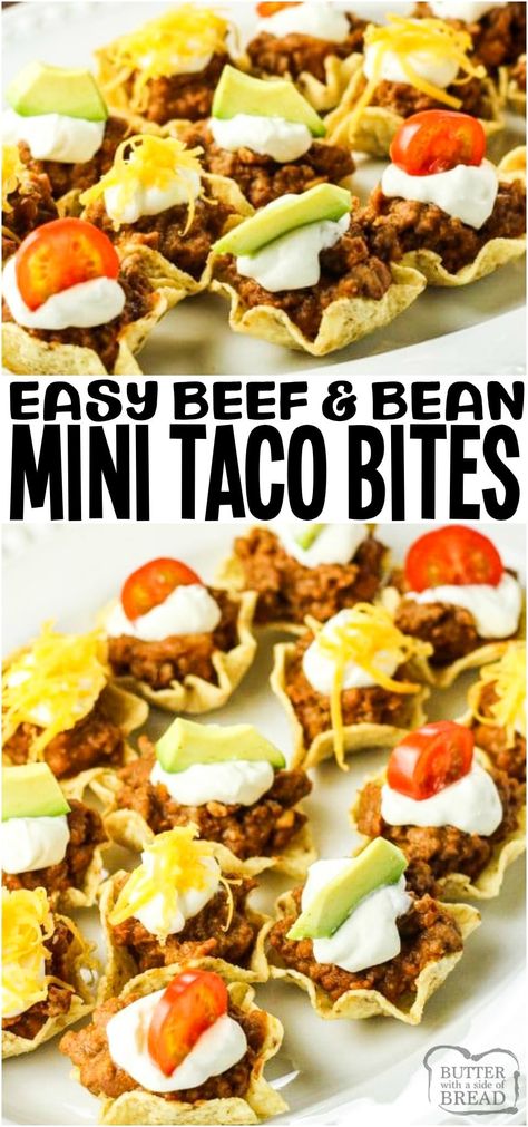 Nacho Bites Appetizer, Taco Meat Appetizer, Mini Street Tacos, Taco Bites Appetizers, Mini Tacos Appetizers, Mini Taco Appetizer, Ground Beef Refried Beans, March Meals, Mini Taco Bites