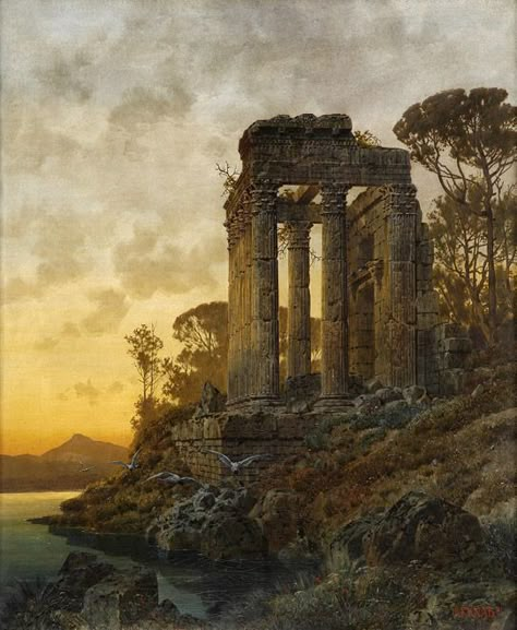 Roman Temple, Evening Landscape, Temple Ruins, Ancient Temple, Architecture Painting, Lake Landscape, Ancient Temples, Art Antique, A4 Poster