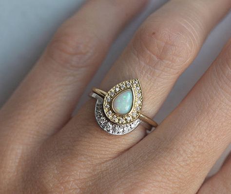 Pear Opal Ring, Opal Diamond Engagement Ring, Opal Wedding Ring Set, Wedding Rings Ideas, Opal Engagement Ring Set, Morganite Engagement Ring Set, Silver Wrap Ring, Opal Wedding Rings, Titanium Wedding Rings