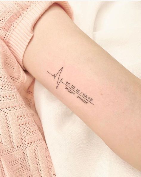 Birthday Date Tattoo Ideas, Blood Type Tattoo, Birthday Date Tattoos, Pulse Tattoo, Date Tattoo, Blood Tattoo, Health Tattoo, Date Tattoos, Cool Wrist Tattoos