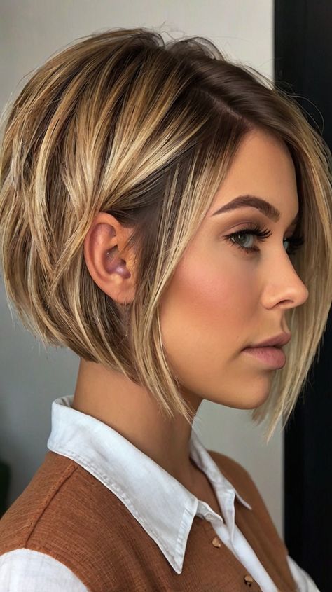 Short Bob Hairstyles Angled Bob With Layers Texture, Stacked Inverted Bob Haircuts Short, Reverse Bob Haircut Short, Short Angled Bob With Layers, Choppy Inverted Bob Hairstyles, Angled Bob Haircuts Medium, Short Bob Back View, Cute Bobs For Thick Hair, Women’s Short Hair