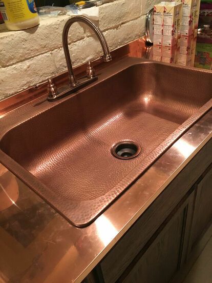 Copper Kitchen Benchtop, Copper Benchtop, Copper Countertops Kitchen, Metal Countertops Kitchen, Diy Kitchen Countertop Makeover, Copper Projects, Copper Countertops, Timber Benchtop, Painting Laminate Countertops