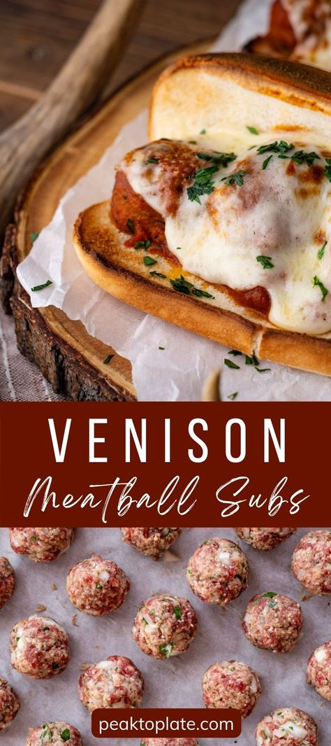 Venison meatball subs are the perfect weeknight wild game dinner that the whole family will love! Tender venison meatballs simmered in savory marinara sauce, topped with melted provolone cheese on a toasted hoagie roll, every bite is delicious! Venison Meatballs Recipes, Venison Dinner Ideas, Wild Game Recipes Deer, Venison Ground Meat Recipes, Venison Queso Dip, Healthy Venison Recipes, Venison Appetizers, Ground Deer Meat Recipes, Dinner For Husband