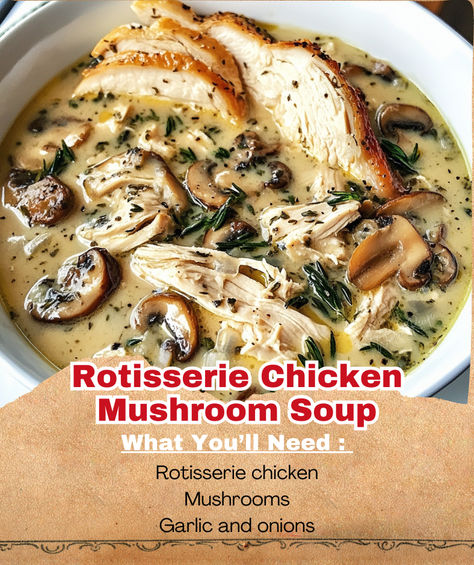 Are you looking for a hearty, satisfying soup that’s both easy to make and packed with flavor? Rotisserie chicken mushroom soup might be exactly what you need. Rotisserie Mushroom Soup, Rotisserie Mushroom Chicken Soup, Low Carb Chicken Mushroom Soup, Roast Chicken Soup Recipes, Creamy Rotisserie Chicken Mushroom Soup, Soups Made With Rotisserie Chicken, Chicken Noodle Soup With Mushrooms, Rotisserie Chicken Mushroom Soup Recipes, Rotisserie Chicken And Mushroom Soup