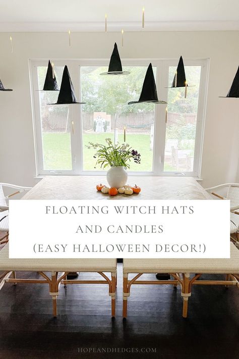 We loved adding these floating witch hats and candles as an easy Halloween decor idea! The floating candles are actually controlled by a remote which makes this PERFECT for an easy way to add Halloween lights indoors! It's such classy halloween decor and the kids LOVE it! Diy Floating Witch Hat Luminaries, Floating Witch Hats Dining Room, Hanging Witch Hats And Candles, How To Hang Candles From Ceiling, Halloween Decorations Floating Candles, Halloween Witch Hat Decorations, Witchy Decorations Diy, Diy Floating Candles Halloween, Floating Candle Halloween Decorations