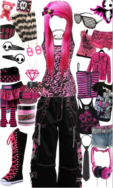 Pink Scene Aesthetic Outfit, Hot Pink Emo Outfit, Pretty Emo Outfits, Lots Of Accessories Outfit, Ruby Gloom Inspired Outfits, Scene Pink Outfit, Emo Pink Outfit, Scene Girl Outfits 2000s, Scene Mcbling Outfits