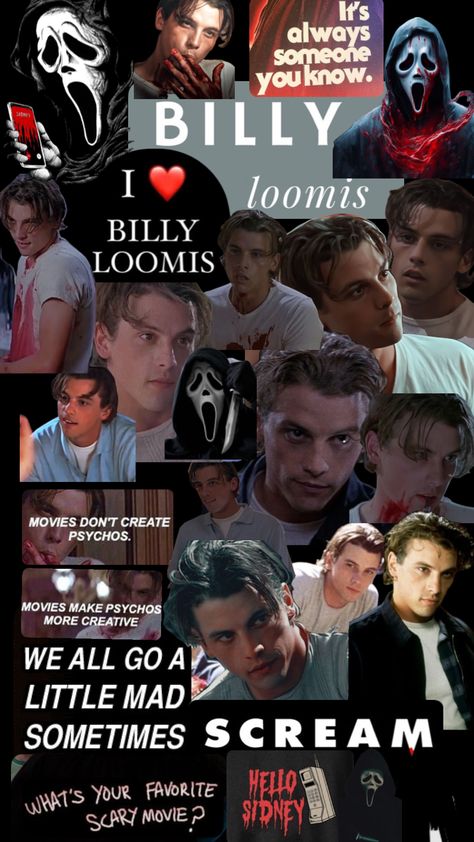 Ghostface Quotes, Billy Loomis Hot, Carrie Movie, Scream Characters, Horror Movies List, Billy Loomis, Movie Collage, Halloween Wallpaper Iphone Backgrounds, Ghostface Scream