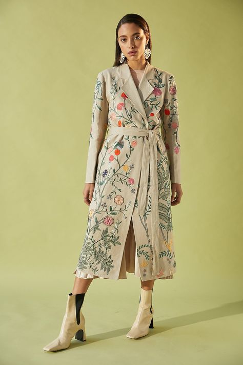 Shop for Betrue Beige Linen Retro Floral Embroidered Trench Coat for Women Online at Aza Fashions Denim Embroidery, Floral Coat, Denim Trench Coat, Blue Tulle, Long Trench Coat, Jacket For Women, Silk Organza, Trench Coats Women, Embroidered Jacket