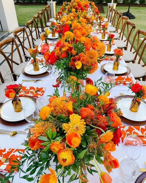 Orange Brunch Decor, Orange And Yellow Decorations, Orange And White Table Setting, Orange Event Decor, If Orange Was A Place, Orange And Yellow Party, Orange Dinner Party, Orange Table Setting, Orange Tablescape