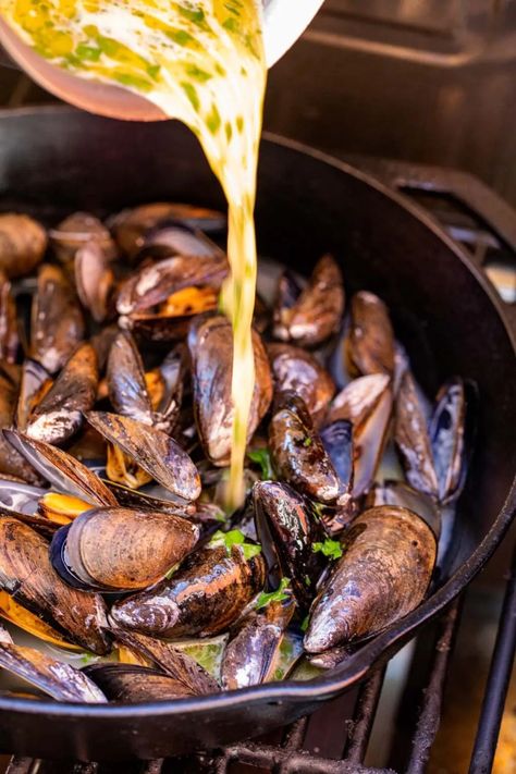 These grilled mussels are the perfect summer meal. They’re super easy to make, and all you need is mussels, fresh herbs, garlic and lemon for this dish! macheesmo.com #mussels #grill Mussels Recipe White Wine, Seafood Mussels, Grilled Mussels, Bbq Board, Blue Mussel, Mussels Recipe, Summer Meal, Muscle Food, Big Green Egg