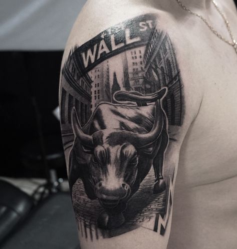 Bull Market Tattoo, Wall Street Bull Tattoo, Bull In A China Shop Tattoo, Bull Bear Tattoo, Wall Street Tattoo Ideas, Forex Tattoo Ideas, Stock Market Tattoo, Wolf Of Wall Street Tattoo, Forex Tattoo