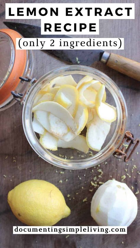 An overhead shot of lemon peels in a glass jar on a wooden chopping board. There are lemons sitting next to the jar and a knife as well. Banana Extract Recipe, Homemade Extracts, Recipe Using Lemons, Lemon Peels, Homemade Shortbread, Blueberry Extract, Lemon Extract, Lemon Peel, Lemon Recipes