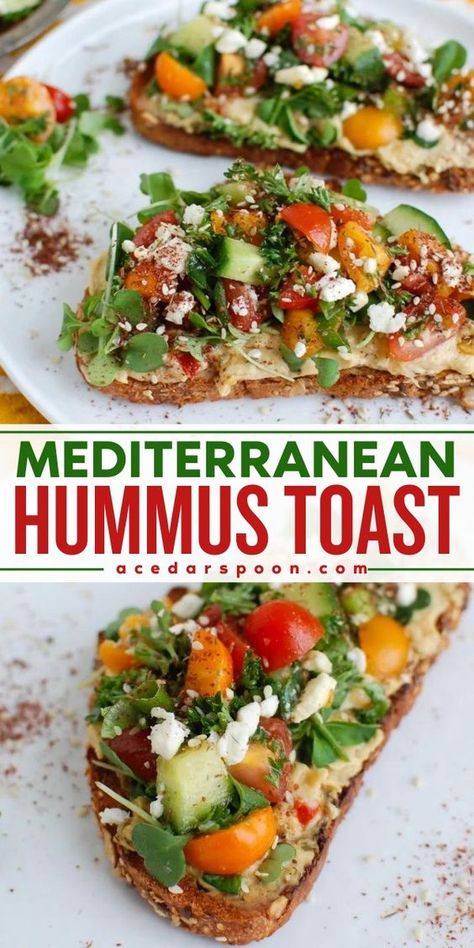 Start the day with this Mediterranean breakfast toast! Complete with vegetables, herbs, feta, and za'atar, this healthy breakfast recipe is so tasty. You'll also want this breakfast toast as an easy healthy snack! Mediterranean Hummus, Hummus Toast, Mediterranean Recipes Healthy, Mediterranean Breakfast, Easy Healthy Snack, Mediterranean Diet Recipes Dinners, Easy Mediterranean Diet, Healthy Breakfast Recipe, Mediterranean Diet Meal Plan