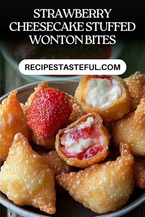 These delicious deep-fried strawberry cheesecake stuffed wonton bites combine crispy golden wrappers with a creamy, sweet strawberry cheesecake filling. Perfect for parties or as a delightful dessert, they are sure to impress! Churro Stuffed Cheesecake Bites, Strawberry Cheesecake Filling Recipe, Stuffed Food Ideas, Strawberry Cream Cheese Bites, Cake Recipes For Christmas, Movie Night And Dinner, Chocolate Covered Cheesecake Bites, Wonton Bites, Strawberry Cheesecake Filling