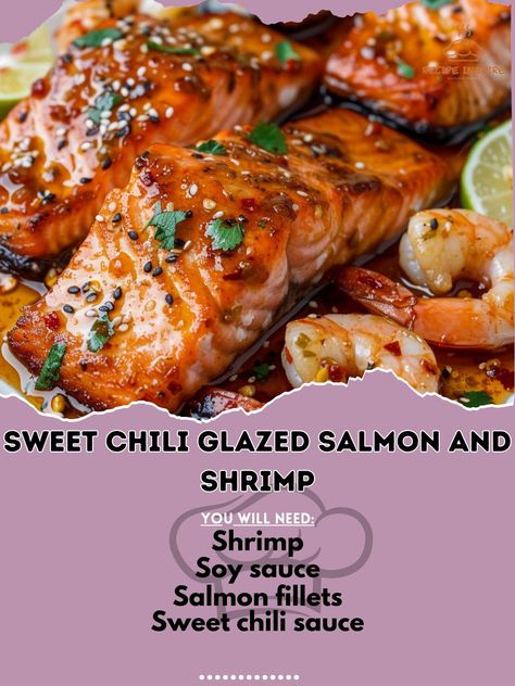 🔥 Experience the flavors of Sweet Chili Glazed Salmon and Shrimp! #SeafoodLovers #Yummy Sweet Chili Glazed Salmon and Shrimp Ingredients: Salmon fillets (4) Shrimp, peeled and deveined (12) Sweet chili sauce (1/2 cup) Soy sauce (2 tbsp) Garlic, minced (2 cloves) Lime juice (1 tbsp) Olive oil (1 tbsp) Salt and pepper to taste Instructions: Preheat oven to 400°F (200°C). Mix sweet chili sauce, soy sauce, garlic, lime juice, and olive oil. Season salmon and shrimp with salt and pepper. Brush... Chili Glazed Salmon, Sweet Chili Salmon, Season Salmon, Sweet N Sour Sauce Recipe, Bake Salmon, Orange Glazed Salmon, Soy Sauce Garlic, Seafood Delight, Salmon And Shrimp