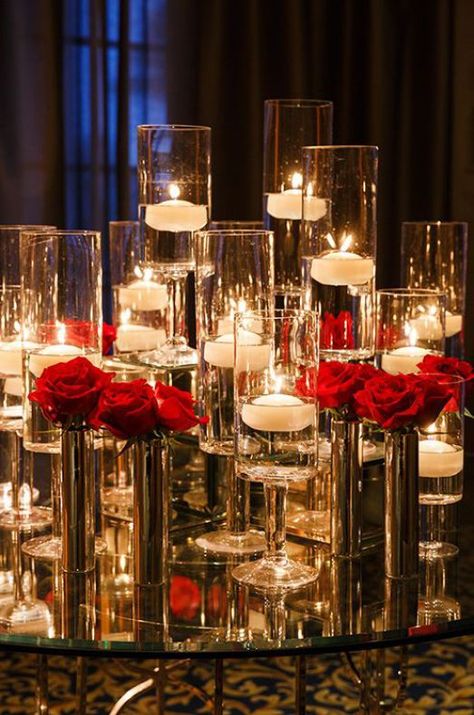 red rose centerpiece with votives White And Gold Wedding Themes, White Floating Candles, Red Wedding Theme, Red Rose Wedding, Holiday 2024, Gold Wedding Theme, Red Candles, Floating Candles, Wedding Candles