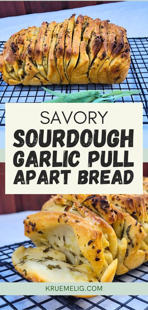 Savory Sourdough Garlic Pull Apart Bread - KRÜMELIG Sourdough Garlic Bread Recipe, Garlic Sourdough Pull Apart Bread, Pull Apart Sourdough Garlic Bread, Garlic Pull Apart Sourdough Bread, Sourdough Discard Pull Apart Garlic Bread, Sourdough Discard Garlic Pull Apart, Sourdough Cheesy Garlic Bread, Savory Star Bread, Garlic Parmesan Sourdough Bread