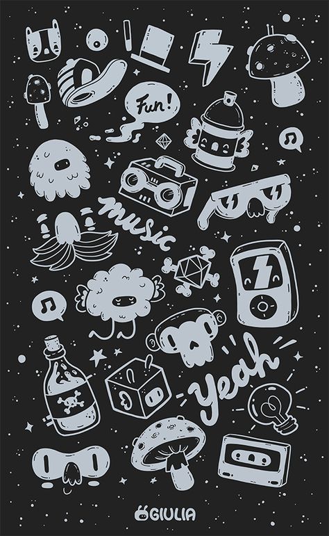 Fun! | Giulia Marchetti on Behance Black Doodle Wallpaper, Black Doodle Art, 90s Doodles, Doodle Art Wallpaper, Doodles Wallpaper, Doodle Wallpaper, Doodle Wall, Wal Art, Chalk Lettering