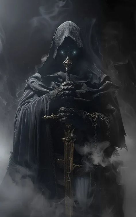 Full Color Image in ai-img-gen.com 🔸 a dark fantasy video game art style hooded figure wearing black robes and holding an ornate sword, t... 🔸 From Midjourney AI Image Noir Fantasy Art, Game Art Style, Fantasy Video Game, Piercing Blue Eyes, Deep Wallpaper, Dark Evil, Lotr Art, Color Image, Sports Wallpapers