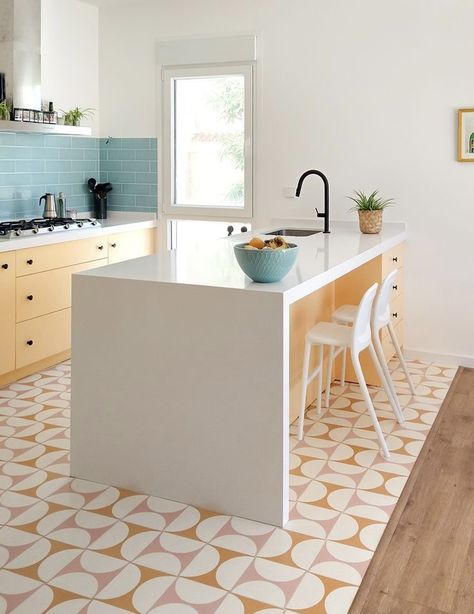 Cement Tiles, Interior Modern, Yellow And Pink, Cement Tile, Kitchen Tiles, Kitchen Style, Kitchen Space, Kitchen Flooring, Interior Design Kitchen