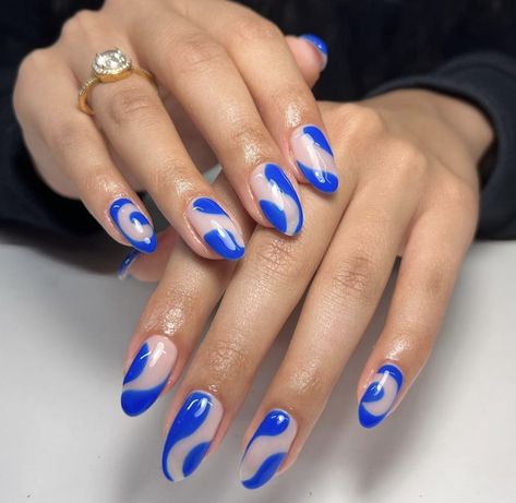 Bright Blue Nails With Design, Glitter Swirl Nails, Blue And Nude Nails, Vibey Nails, Blue Swirl Nails, Bright Blue Nails, Swirl Nail Art, Swirl Nails, Dark Blue Nails