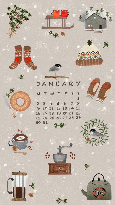 Diy Calendar Design, Hygge Illustration, Printable Calendar Pages, Illustration Calendar, Watercolor Calendar, Digital Bullet Journal, Journal Elements, January Calendar, New Year Art