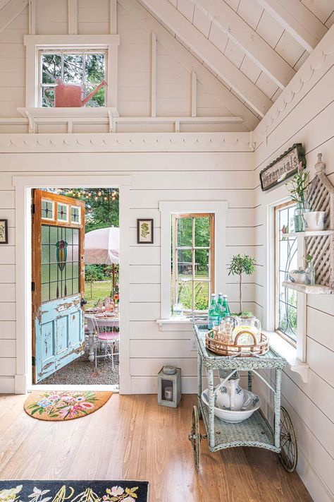 Bountiful Home Gardens in Maine - Cottage style decorating, renovating and entertaining Ideas for indoors and out Maine Cottage Decor, Tiny Backyard House, She Shed Interior Ideas, She Shed Interior, Cottage Style Decorating, Shed Interior, Cottage Room, Storybook Homes, Small Cottage Homes