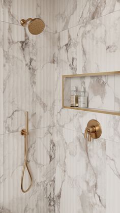 Calcutta Bathroom Tile, 3 Niche In Shower Wall, Anne Sacks Tile Bathroom, Modern Bathroom Farmhouse, Gold And White Marble Bathroom, Pink Bathroom Modern, Athena Calderone Bathroom, Bathroom Ideas Marble Tile, Fluted Marble Bathroom