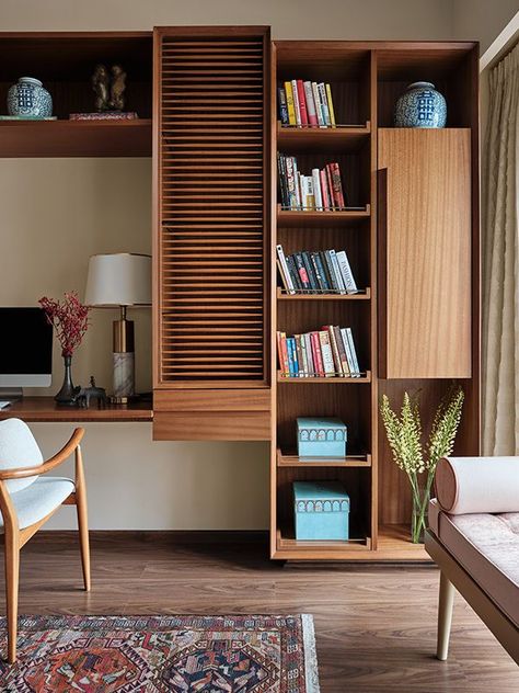 A focus on craftsmanship flows through the home and into the study with its custom unit crafted from wood and brass Image Credits: Gokull Rao Kadam Styling Credits: Sameer Wadekar Study Room Design Indian, Study Table Bookshelf, Study Table Designs With Storage, Study Unit With Wardrobe, Room With Study Table, Study With Storage, Study Table Design Bedroom, Indian Study Room, Study Unit Designs In Bedroom