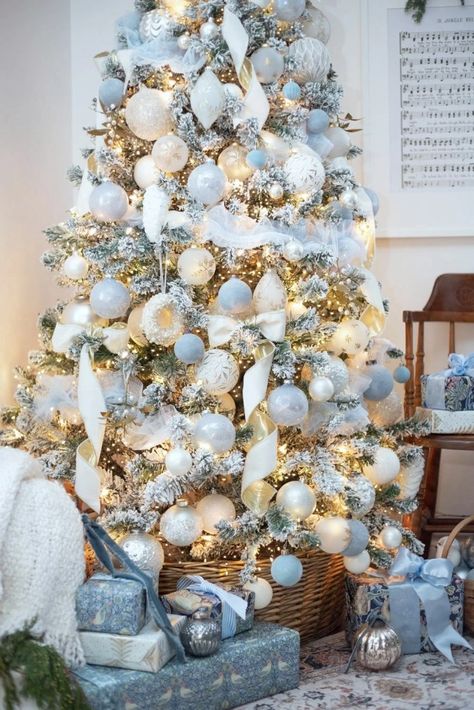 Pale Blue Christmas Tree, Silver White Blue Christmas Tree, White Christmas Tree With Blue Lights Decorating Ideas, Blue Christmas Wedding, Blue And White Christmas Tree, Blue Christmas Tree Decorations, Decorating Christmas Trees, Blue And White Christmas, Christmas Tree Inspo