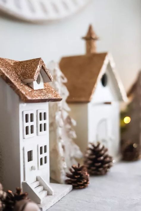 12 Christmas Villages That'll Make Your Mantel Look Sweet This Season | Hometalk Wooden Christmas Village Houses, Diy Christmas Village Houses, Wooden Christmas Village, House Christmas Decor, Thrifty Style, Christmas Color Palette, Diy Christmas Village, Christmas Village Houses, Christmas Village Display