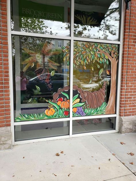 Thanksgiving Window Display, Thanksgiving Window Painting, Fall Window Painting, Mirror Paintings, Painting Windows, Autumn Window Display, Window Paintings, Window Paint, Window Markers