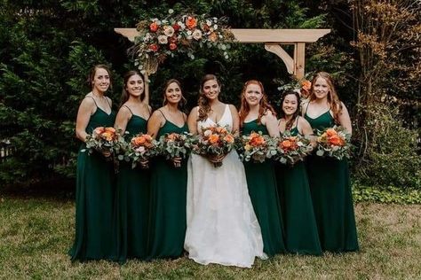 Fall Wedding Ideas Green Color Schemes, October Wedding Ideas Green, Evergreen Fall Wedding, Pine Color Bridesmaid Dresses, Jewel Green Bridesmaid Dresses, Fall Wedding With Green Dresses, Forest Green Wedding Bridesmaid Dress, Fall Wedding Forest Green, Emerald Orange Wedding