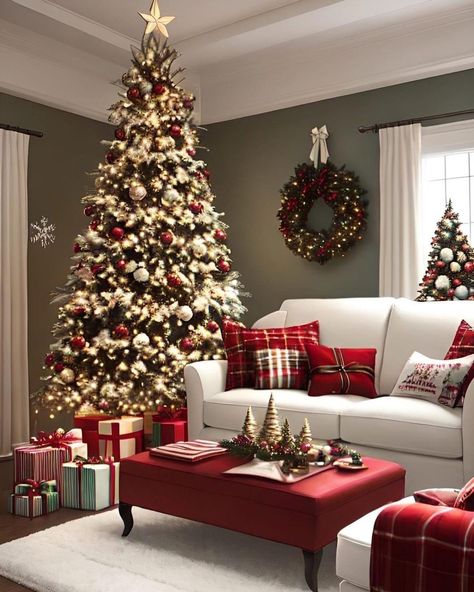 Cozy Christmas Living Room, Red And Gold Christmas Tree, Creative Christmas Trees, Christmas Decor Inspiration, Unique Christmas Decorations, Christmas Themes Decorations, Christmas Decorations Living Room, Christmas Living Rooms, Christmas Room