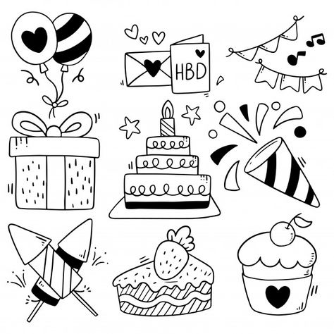 Birthday Doodles Hand Drawn, Doodle Happy Birthday, Birthday Doodles, Happy Birthday Doodles, Happy Birthday Drawings, Doodle Art For Beginners, Birthday Doodle, Birthday Icon, Doodle Frame