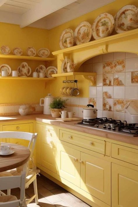 Bright Yellow Kitchen, Yellow Kitchens, Mustard Yellow Kitchens, Yellow Kitchen Designs, Kitchen Color Yellow, Yellow Kitchen Cabinets, Yellow Cabinets, Cabinets Painted, Pastel Kitchen