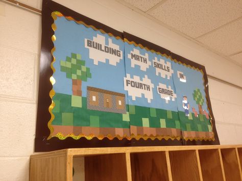 Minecraft bulletin board- I just really liked the pixelated look! Minecraft Bulletin Board, Minecraft Classroom, Minecraft Pack, Board Game Themes, Minecraft Theme, Birthday Bulletin Boards, Technology Theme, Library Boards, Classroom Board