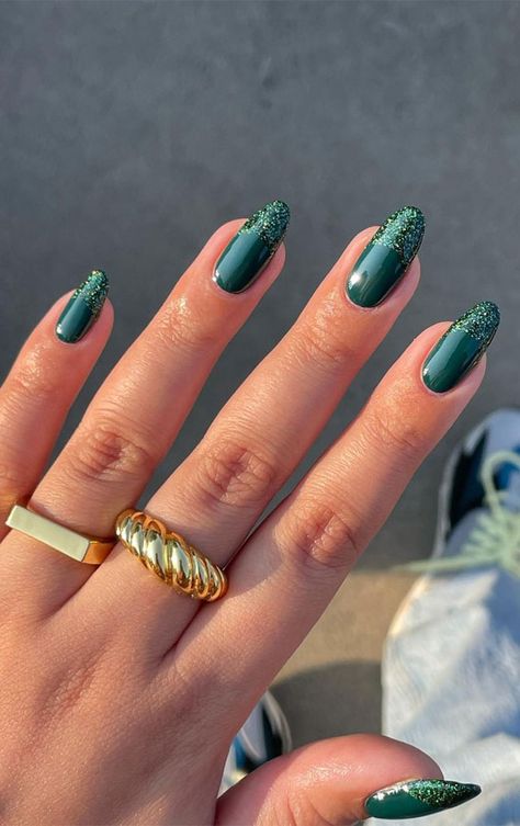 Sparkly Sage Green Nails, Peacock Nails Color, Peacock Green Nails, Shimmery French Tip, Dark Green Nails With Silver, French Tip Green Nails, Green Fingernails, French Tip Green, Trendy Green Nails