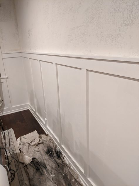 1x6 Baseboard, Wide Board And Batten, Board And Batten Chair Rail, Board And Batten Half Wall, Dining Room Board And Batten, Staircase Redo, Kitchen Trim, Batten Wall, Diy Wainscoting