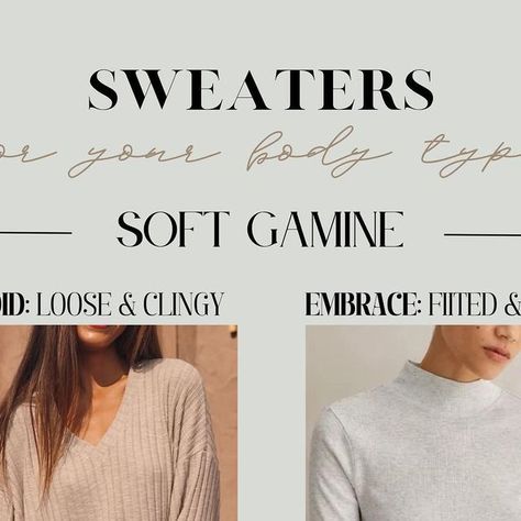 Dora | Image & Style | Color Analysis & Kibbe Body Types on Instagram: "Save this for choosing your best style for sweaters if your Body Typology is SOFT GAMINE!

#softgamine #sweater #styleblogger #kibbebodytypes #kibbe #fashionstyle #winterstyle" Soft Classic Kibbe Style, Soft Gamine Style, Soft Gamine Outfits, Kibbe Body Types, Gamine Outfits, Soft Classic Kibbe, Classic Essence, Gamine Style, Soft Gamine